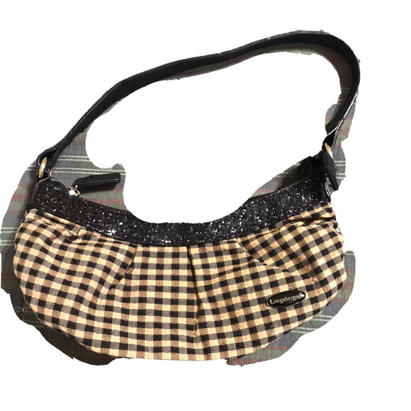 Longaberger Handbags - Longaberger Mini Top Handle Purse, Brown & Beige Plaid‎ With Glitter - 8” Wide